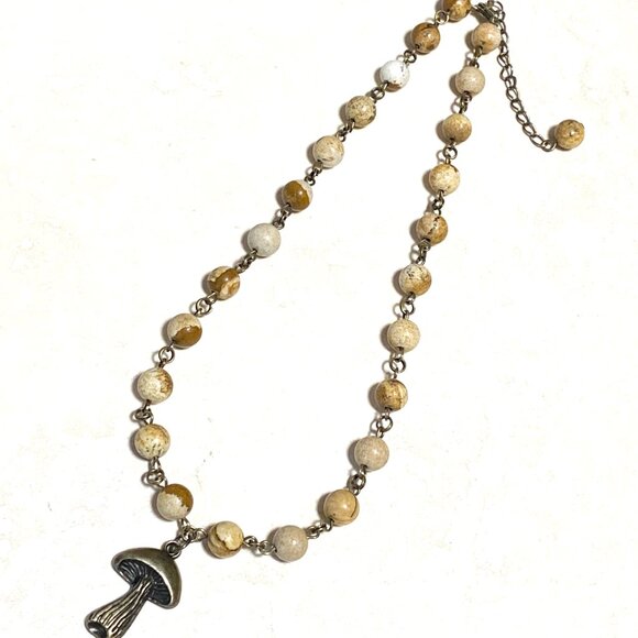 Genuine Yellow Picture Jasper Short Necklace, Bronze Slim Mushroom + Gemstone - Picture 12 of 15